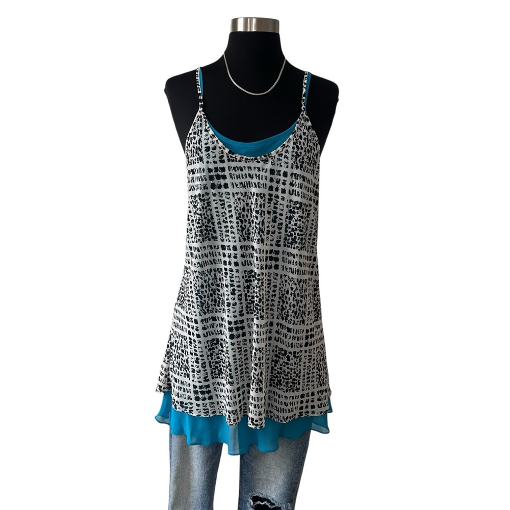 Vintage abstract layered slip dress black white blue M - Picture 2 of 11